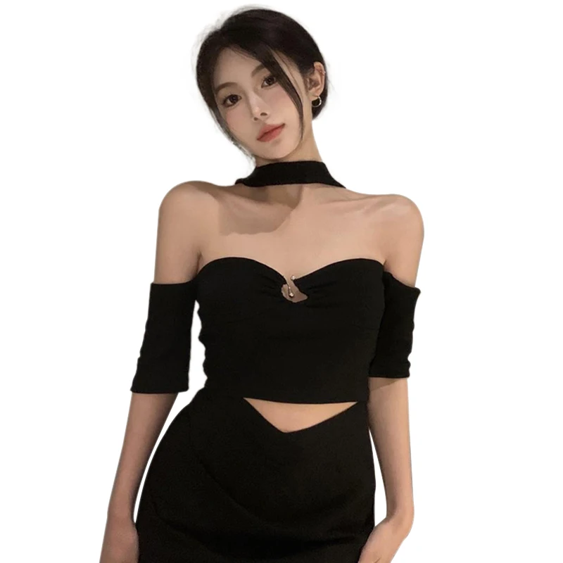 Korea Versioon Maha Õla Päitsed Õhuke T-särk Naistele Tahked Värvi Lühikesed Varrukad Low-cut Vabaaja Mitmekülgne Girly Crop Top