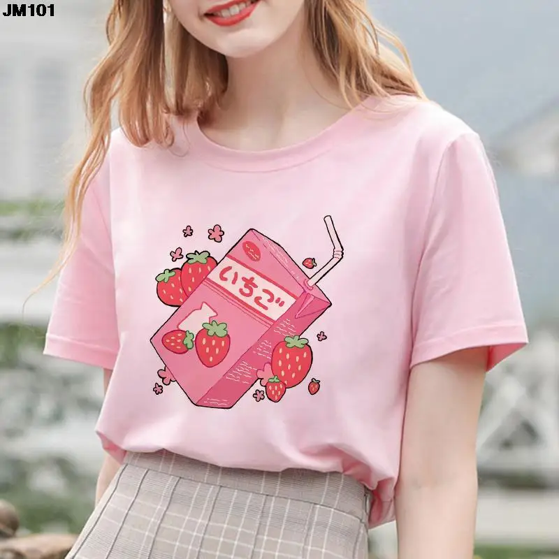 Jaapani Maasika Mahla Graafiline Print Naiste T-särk 2021 Suvel Moe Tshirt Harajuku Esteetiline Roosa Top Naiste Riided Tees