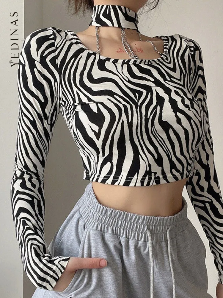 Yedians Zebra Päitsed T-Särk Naiste Pikad Varrukad Streetwear Slim Crop Top Y2k Esteetiline Kett Tee Särk Femme Korea 2022 Sügisel