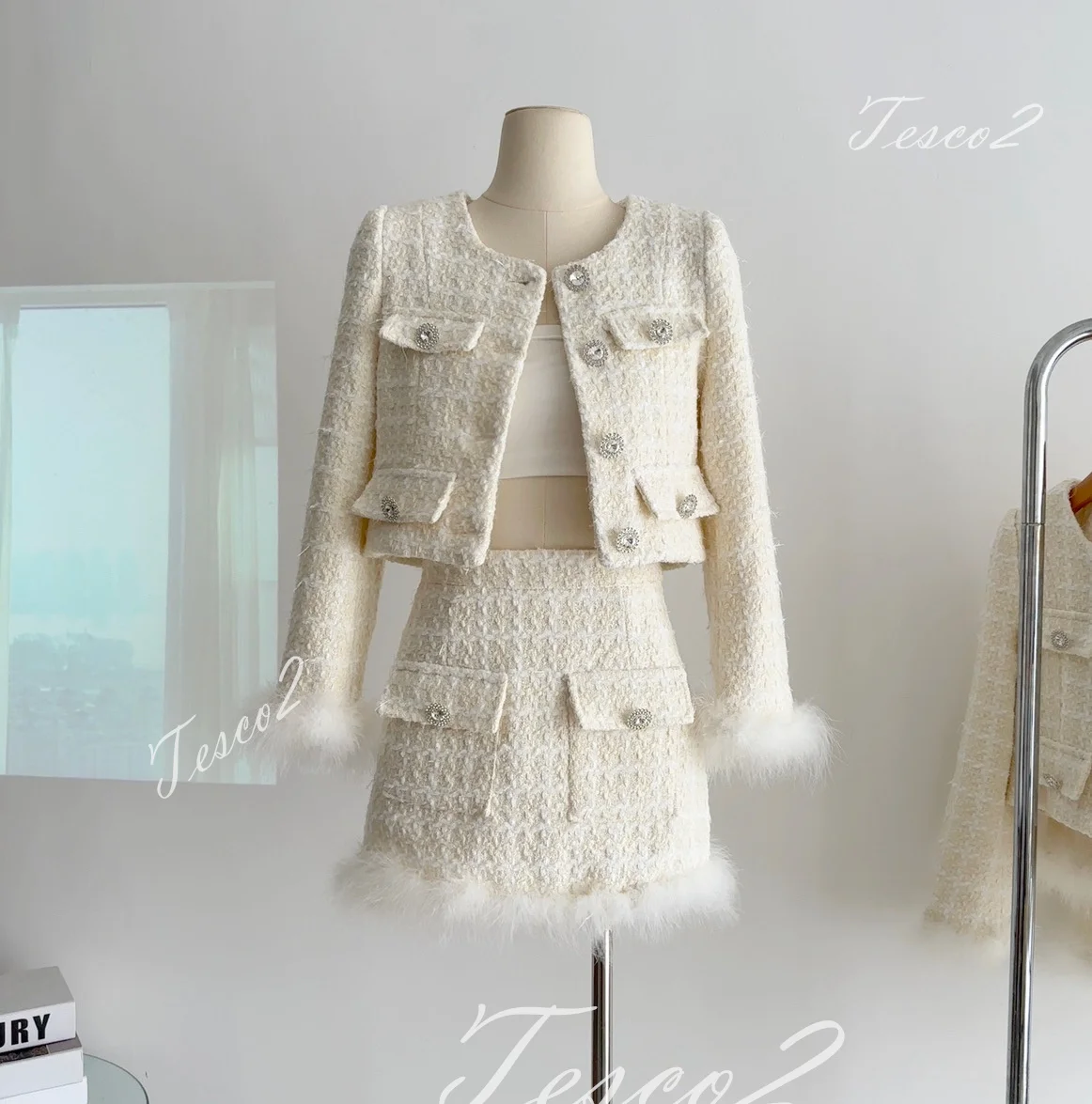 Tesco Valge Naiste Seelik Komplekti Lühike Pintsak Ja Seelik Koos Sulg Stiilne Tweed Naiste Ülikond Seab Isiku Naiste 2024 Kevad