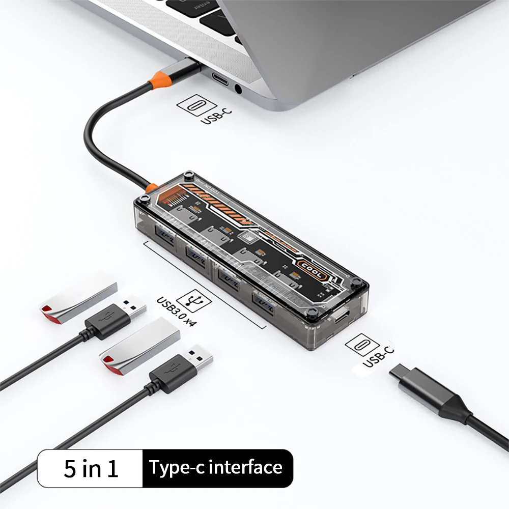 1TK Läbipaistev Disain Type-C-Hub, 5IN1 USB3.0/RJ45 Hub Multifunktsionaalne 4K30Hz HDMI-ühilduva USB 3.0 Adapter Sülearvuti, Tahvelarvuti