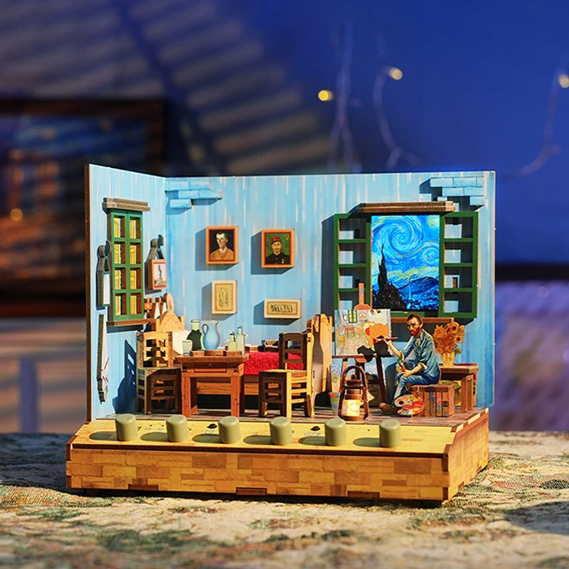 DIY Puidust Nuku Majad, Van Goghi Magamistuba Casa Kääbus Hoone Komplektid koos Mööbli USB Power Nukumaja Täiskasvanutele Kingitused