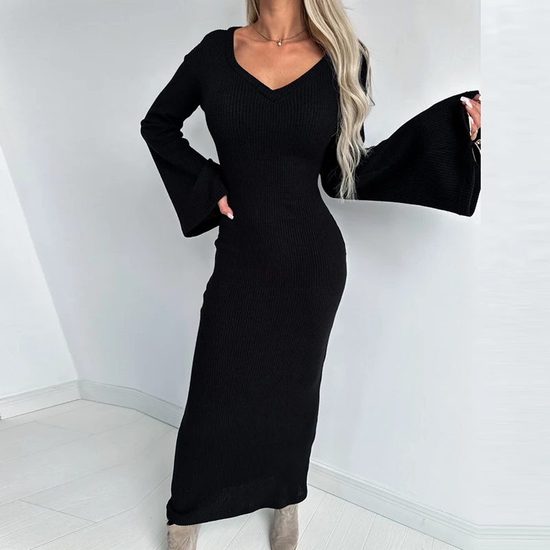 2023 aasta Sügisel Elegantne Merineitsi Pikad Kleidid Seksikas V-kaelus Slim Fit Kootud Kleit Lihtne Tahke Pit Triibuline Põletatud Varrukad Naiste Kleit