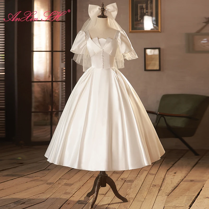 AnXin SH printsess white satin kullake profileerimine nupp liini lühikesed puhvis varrukad pruut lühike õhtu kleit väike valge kleit