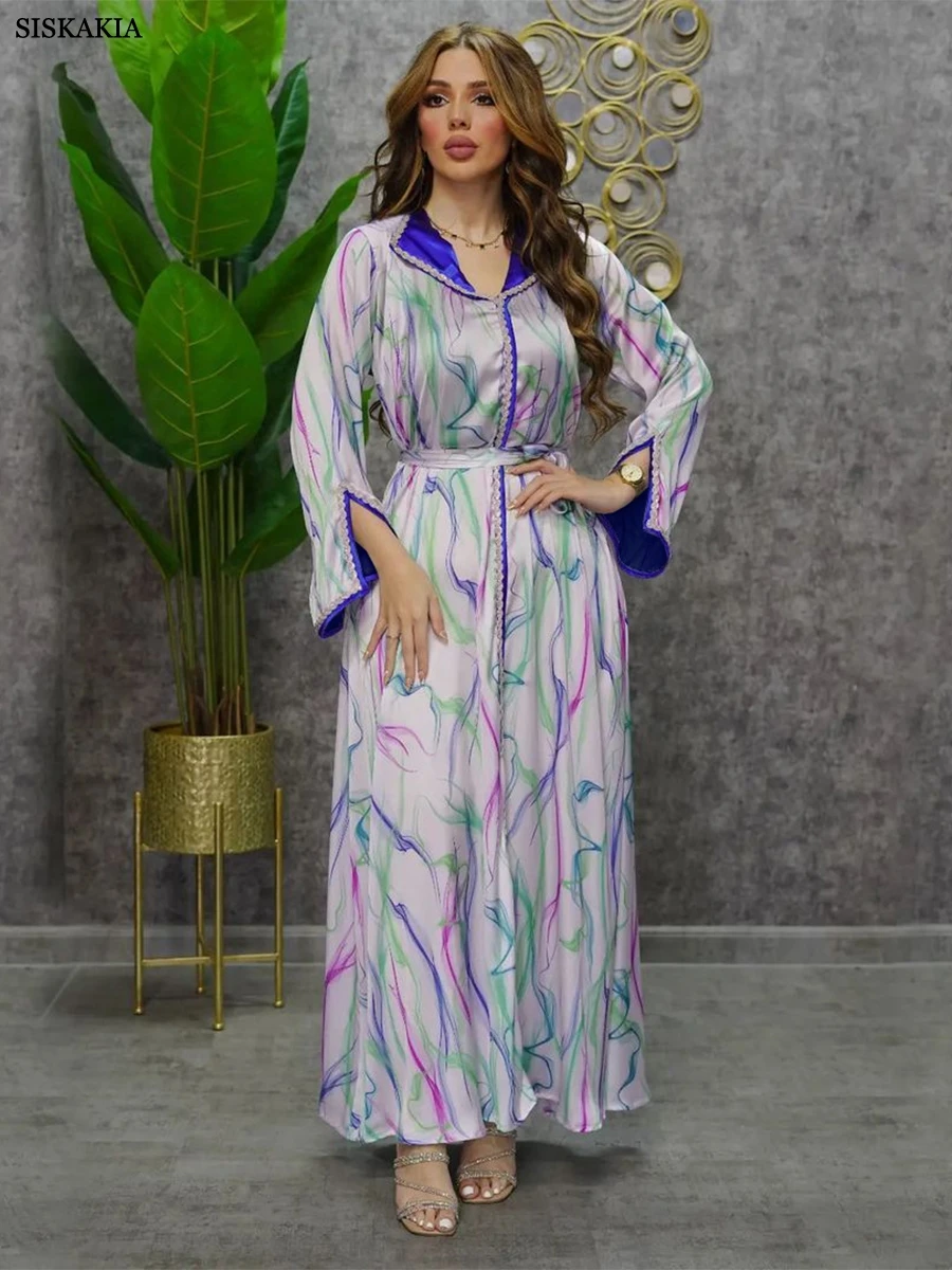 Dubai Abaya Luksus Moslemi Naiste Elegantne Vabaaja Prindi Teemandid Kleit Pikk Varrukas, V-Kaelus Vöö Seal Kaftan Jlaba Marocain 2023