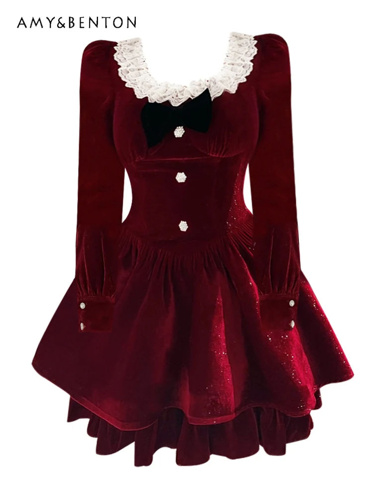Prantsuse Printsess Kleit Elegantne Tume Punane Kleit Sügisel ja Talvel, Uus Magus Retro Vibu Kõrge Vöökoht Sale Ball Kleit Kleidid Jõulud