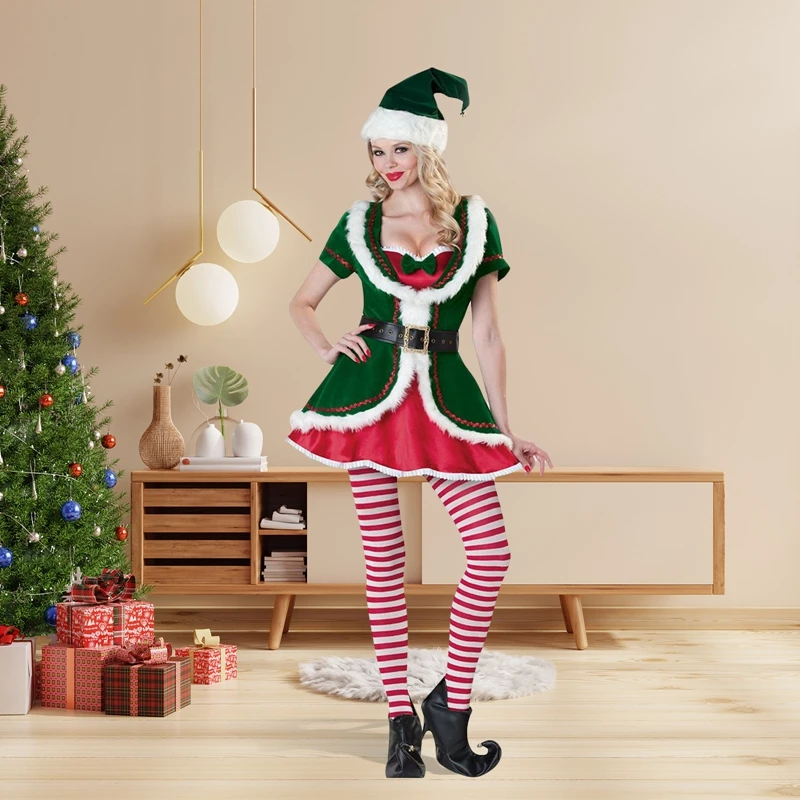 Naiste Jõulud Elf Kostüümid Lühikese Varrukaga Kleit koos Vöö Armas Triibuline Müts Parempidises Seatud Cosplay Pool Varustus