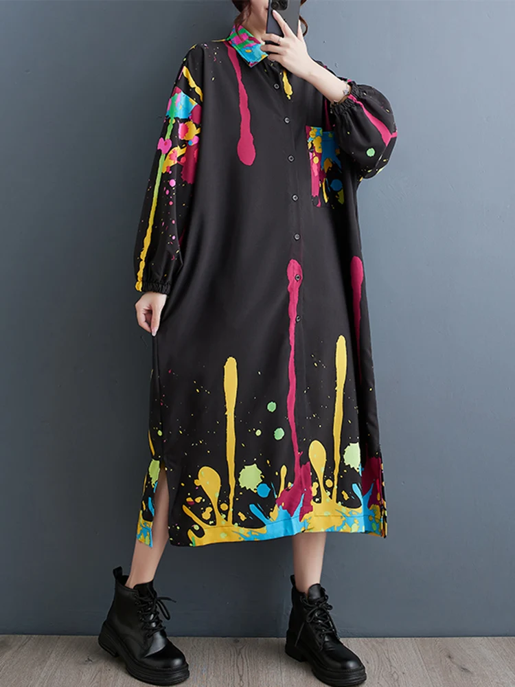 2023 Kevadel, Sügisel Uus Must Vintage Print Särk Kleidid Naistele Pikad Varrukad Lahti Casual Kleit Korea Fashion Elegantne Riided