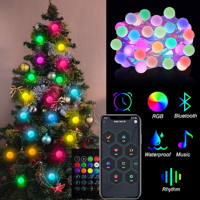 RGB IC Jõulupuu Haldjas String LED-Pall Vanik Bluetooth-Multi-Color Veekindel Outdoor Lamp Xmas Pulmapidu Decor