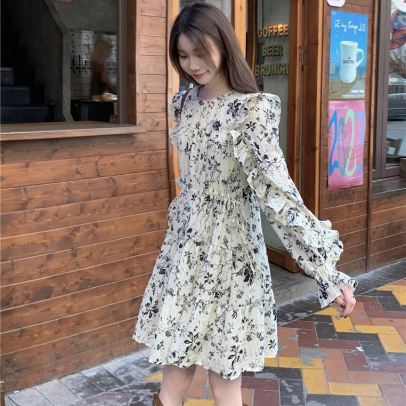 Korea Stiilis Vintage Õie Kleidid Naistele Ruffle Nöör-O-kaeluse Põletatud Varrukad põlvikud Office Lady Sügis Naiste Kleidid