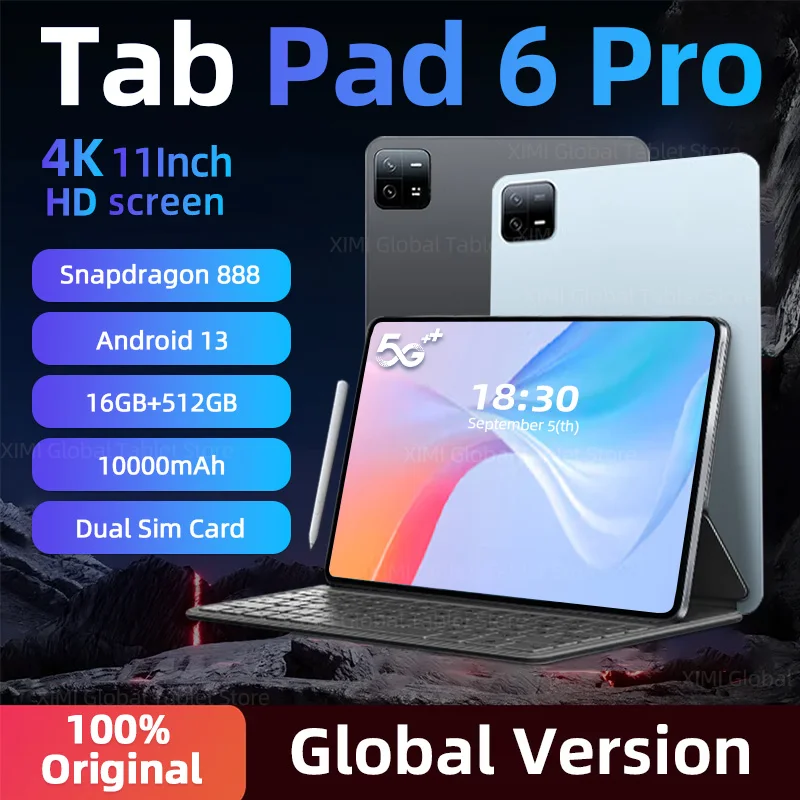 2024 Originaal Globaalne Versioon Pad 6 Pro Tahvelarvuti Android 13 Snapdragon 888 10000mAh 16 GB 512 GB 5G HD 4K Ekraani WIFI Xioami Kaardil
