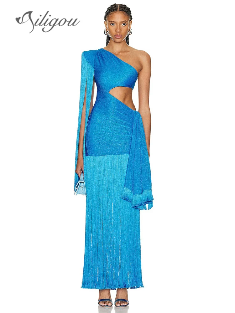 Ailigou 2024 Uus Naiste Seksikas Sinine, seest Õõnes Ühe Õla Tutt Üks Õlg Pika Sidemega Elegantne Kleit Kuulsus Pool Kleit