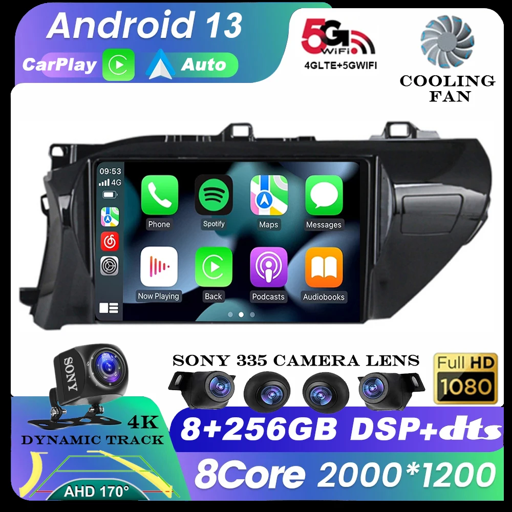 Android 13 Auto Carplay Auto Raadio Mms Toyota Hilux Korja AN120 2015 - 2020 LHD Stereo-Video-Player, GPS, WIFI+4G, BT