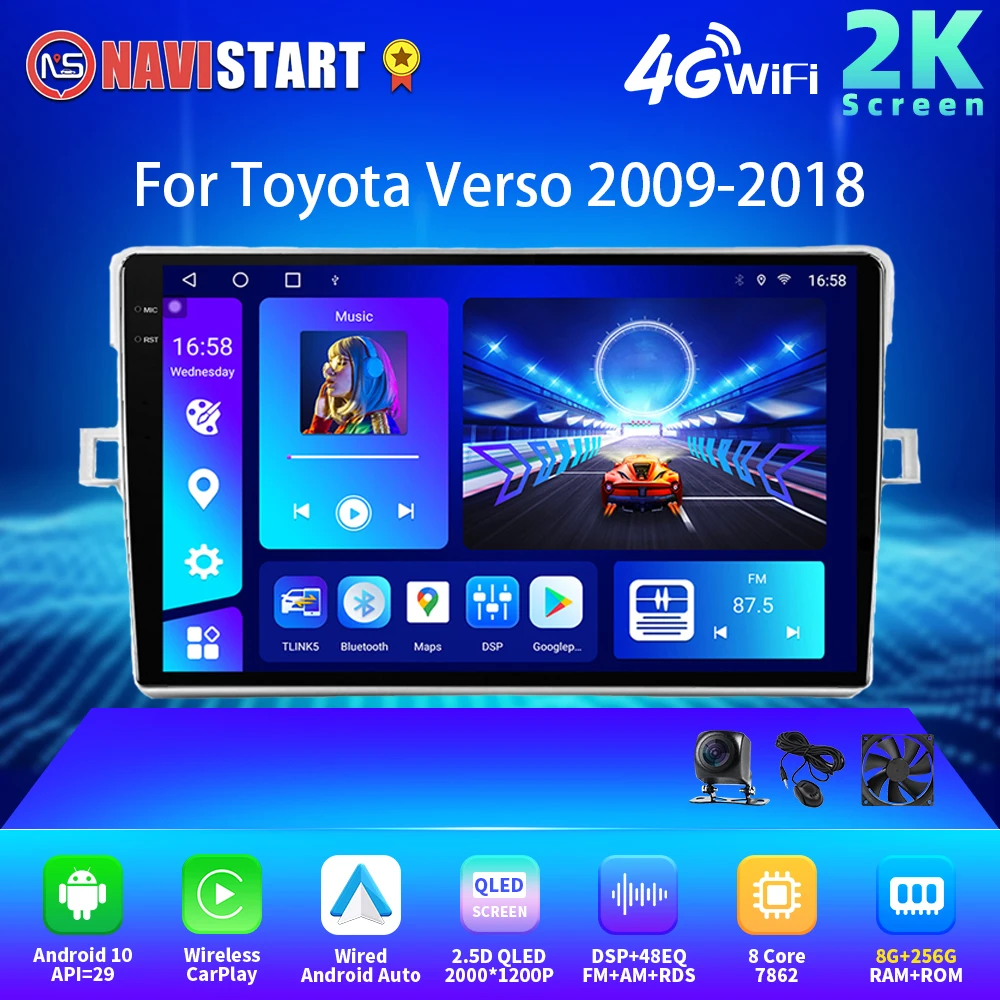 NAVISTART 2K 2000*1200 autoraadio Multimeedia-Navigatsioonisüsteem Toyota Verso 2009-2018 Android Auto Traadita Carplay 4G WIFI DSP 2Din